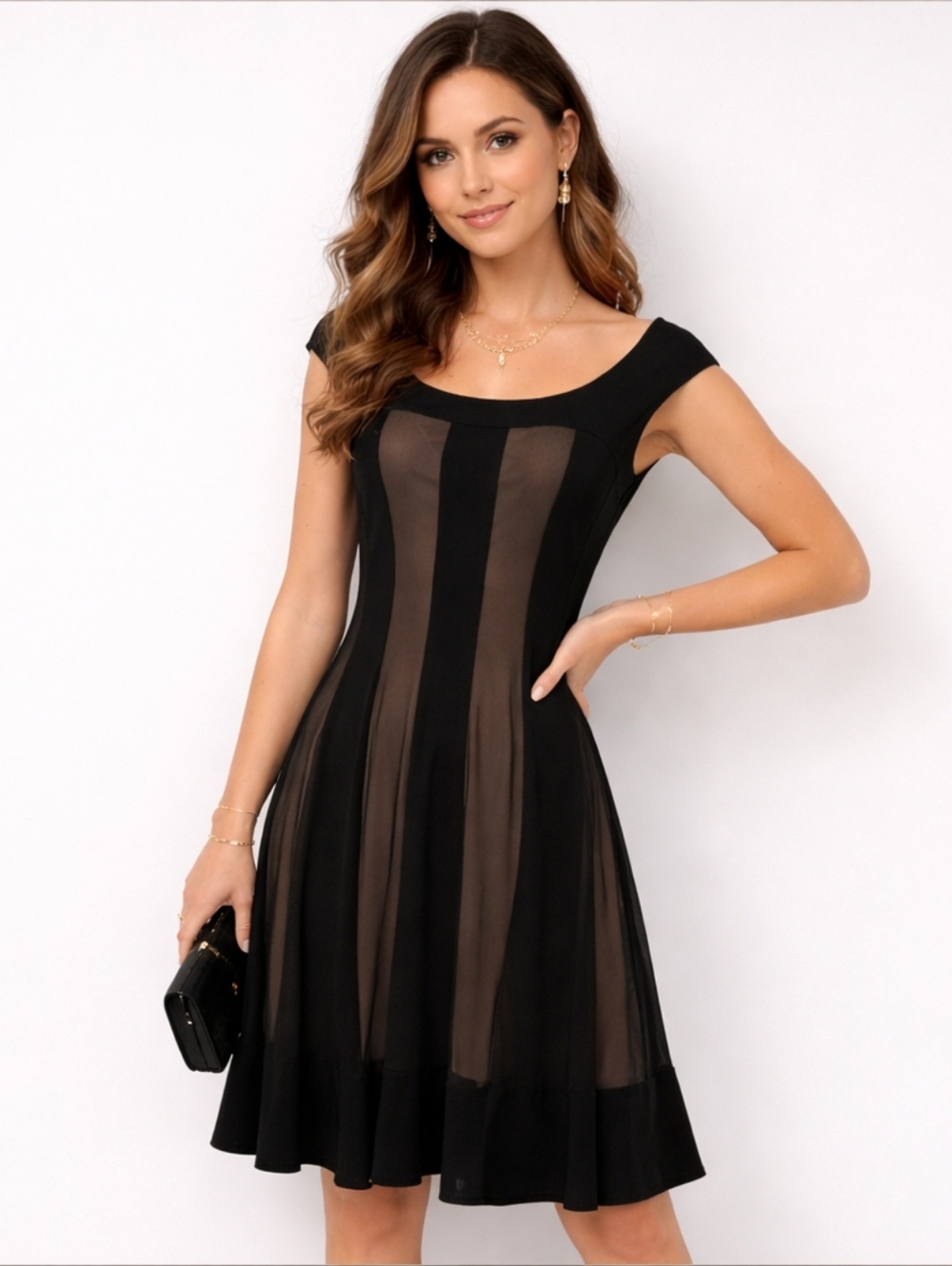 Maggy London Black Illusion Mesh Stripe Cocktail Dress Fit & Flare Size 4